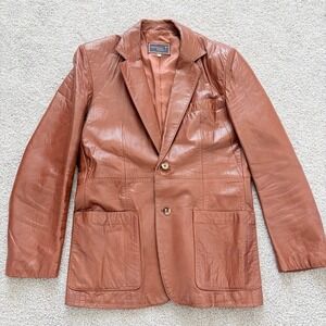 Vintage Hunting Horn Leather Blazer Mens 40 Brown Jacket Classic 70s Style